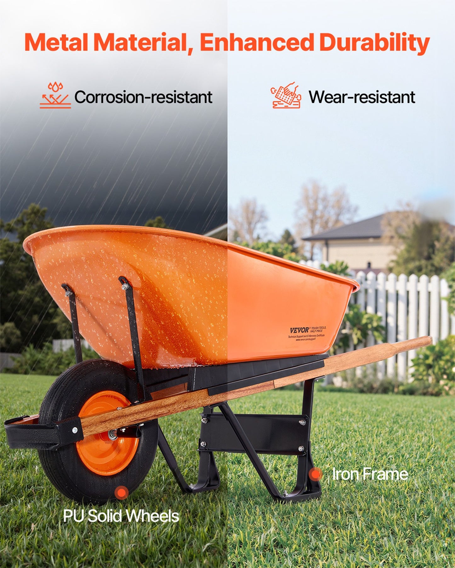 Schubkarre, 6 Kubikfuß Ladevolumen &amp; 330 Pfund Tragkraft, einrädrige Garten-Kippkarre mit Metallgriff &amp; 16 Zoll breiten Rädern, leicht zu beladender Nutzwagen für Garten und Hof