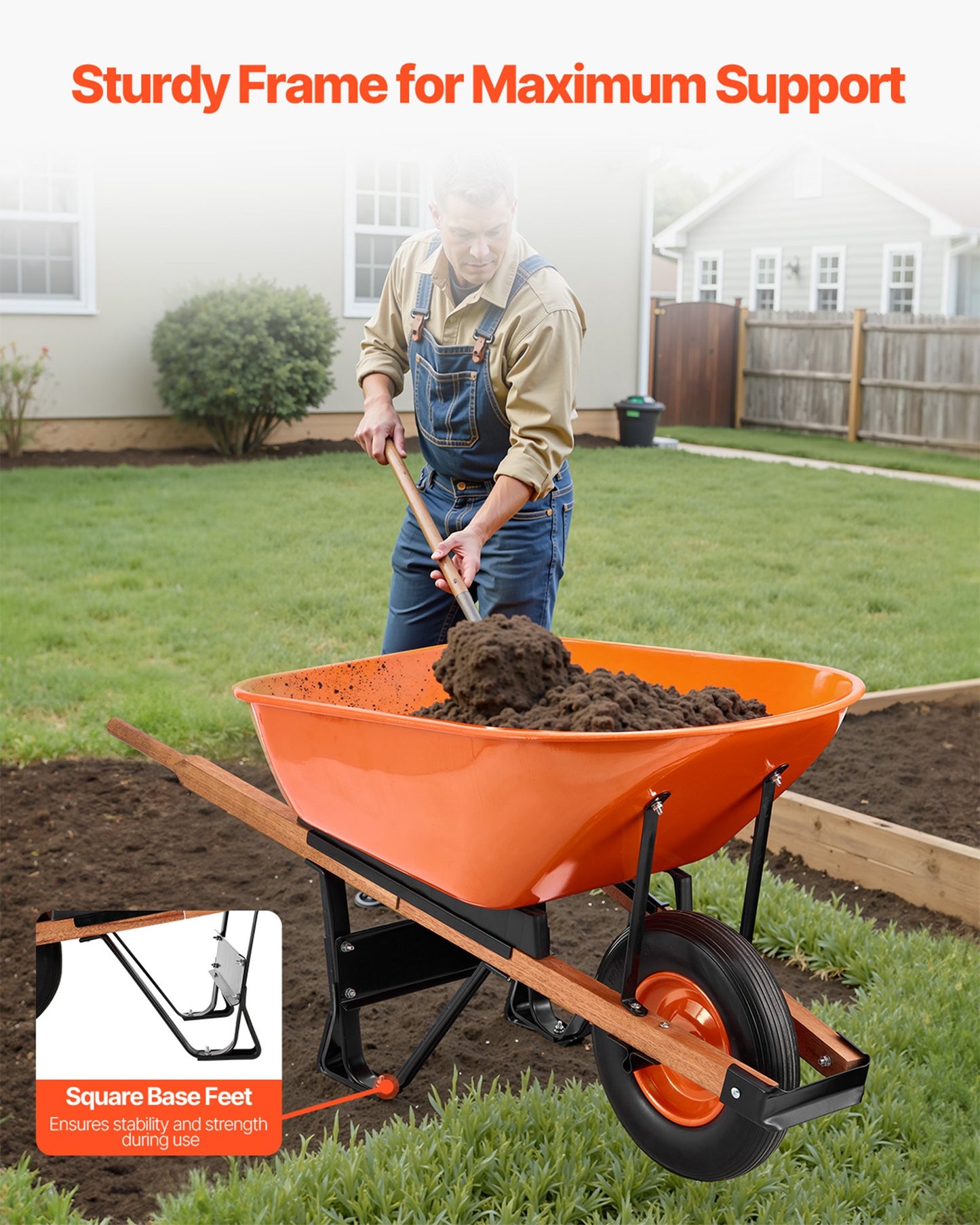 Schubkarre, 6 Kubikfuß Ladevolumen &amp; 330 Pfund Tragkraft, einrädrige Garten-Kippkarre mit Metallgriff &amp; 16 Zoll breiten Rädern, leicht zu beladender Nutzwagen für Garten und Hof