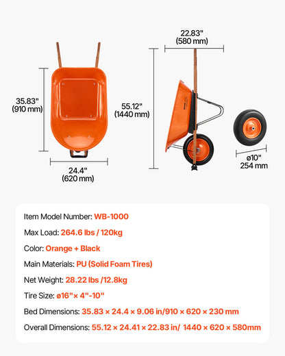 Schubkarre, 5 Kubikfuß Ladevolumen &amp; 330 Pfund Tragkraft, einrädriger Gartenkippwagen, Gartenwagen mit Metallgriff &amp; 16 Zoll breiten Rädern, leicht zu beladender Nutzwagen für Garten und Hof