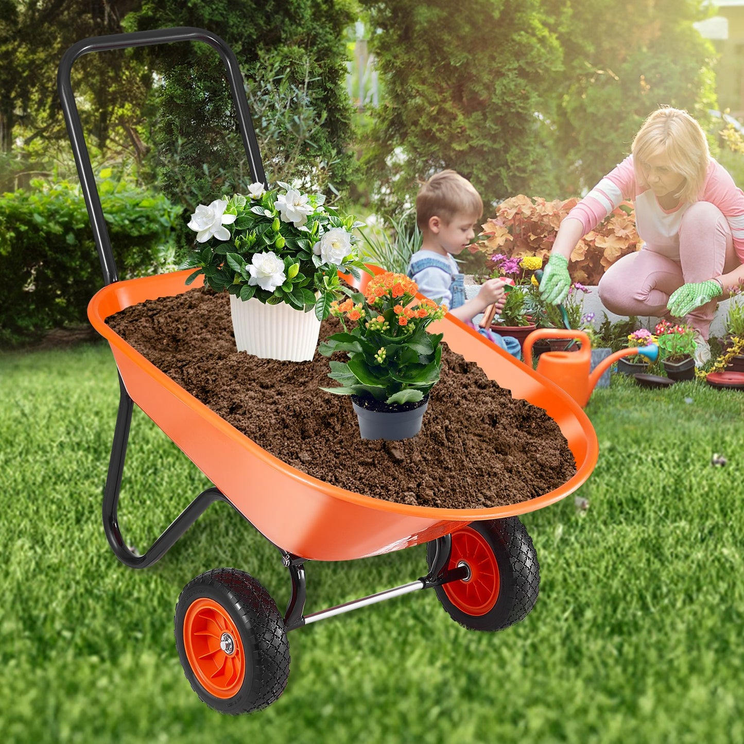Schubkarre, 5 Kubikfuß Ladevolumen &amp; 397 Pfund Tragkraft, 2-rädriger Gartenkippwagen, Gartenwagen mit Griff &amp; 10 Zoll breiten Rädern, leicht zu beladender Nutzwagen für Garten und Hof