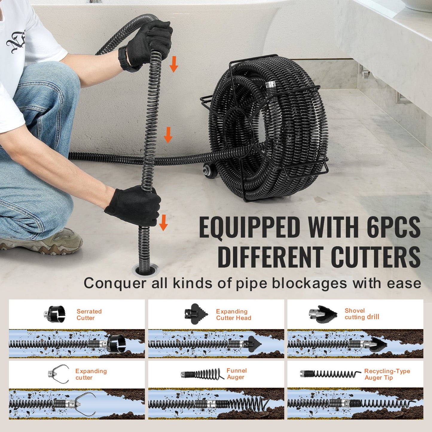 Rohrreinigungsspirale, 18,3 m x 3,2 mm, professionelle, segmentierte Rohrreinigungsspirale mit 6 Schneidwerkzeugen für Rohre von 5,1 cm bis 20 cm Durchmesser, Hohlkern-Abflussspirale für Waschbecken, Bodenabläufe und Toiletten