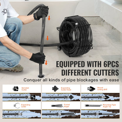 Rohrreinigungsspirale, 18,3 m x 3,2 mm, professionelle, segmentierte Rohrreinigungsspirale mit 6 Schneidwerkzeugen für Rohre von 5,1 cm bis 20 cm Durchmesser, Hohlkern-Abflussspirale für Waschbecken, Bodenabläufe und Toiletten