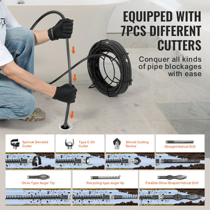 Sektionales Abflussreinigungskabel 66 Fuß/20,1 m x 5/8 Zoll/1,6 cm &amp; 7 Schneidwerkzeuge für 0,8"-3,9"/2-10 cm Rohre