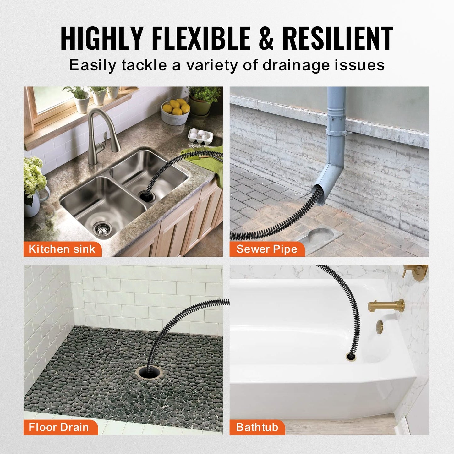 Sektionales Abflussreinigungskabel 66 Fuß/20,1 m x 5/8 Zoll/1,6 cm &amp; 7 Schneidwerkzeuge für 0,8"-3,9"/2-10 cm Rohre