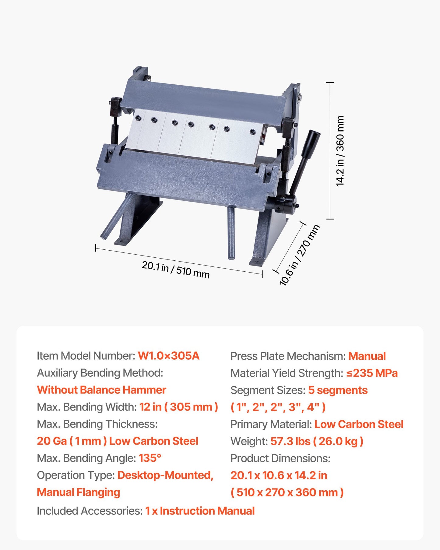 Kasten- und Pfannenbiegemaschine, 305 mm/12 Zoll Blechbiegemaschine, Kapazität für 20-Gauge-Baustahl, 0-135 Grad einstellbar, Metallbiegemaschine mit 5 Fingern, Hochleistungs-Aluminium-Abkantpresse für präzises Biegen