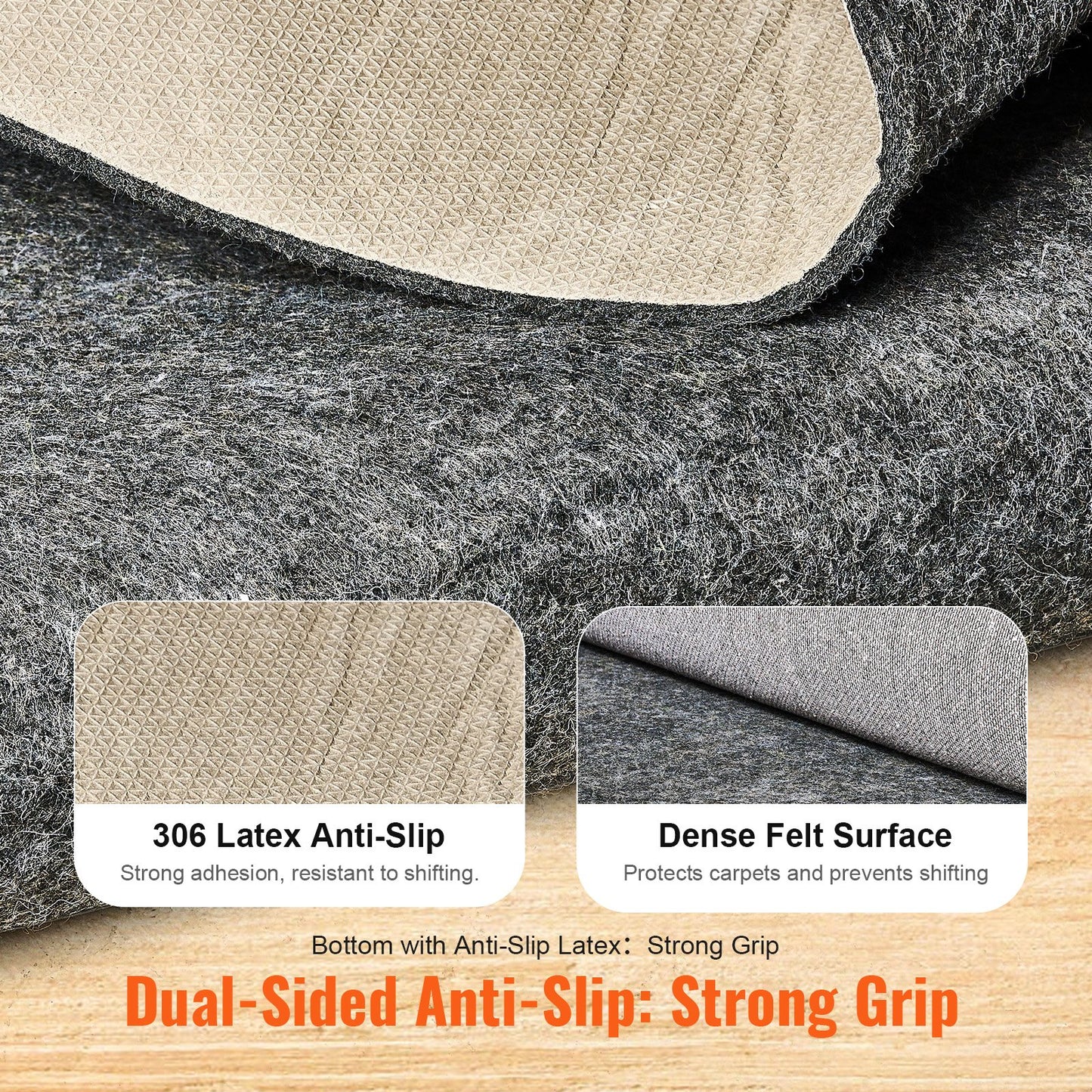 - Slip-Resistant Rug Pad - Protective Cushioning Carpet Pad - 8' x 10' - 1/4"Thick - Dual Surface - Polyester Felt + Latex - Gray - 7-8㎡ Area Carpet Padding Rug Cushion Safe for All Floors
