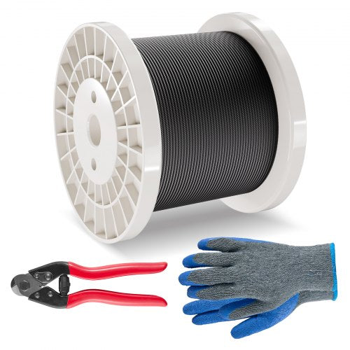Wire Rope Kit, 1/8" 500 ft 316 Stainless Steel Cable with Cutter and Gloves, 1600 lbs Breaking Strength, 7x7 Strands Core Marine Aircraft Grade for Handrail Stair Decking Fence Outdoors, Black