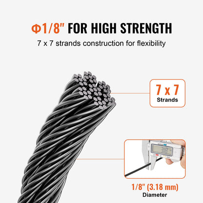 Wire Rope Kit, 1/8" 500 ft 316 Stainless Steel Cable with Cutter and Gloves, 1600 lbs Breaking Strength, 7x7 Strands Core Marine Aircraft Grade for Handrail Stair Decking Fence Outdoors, Black