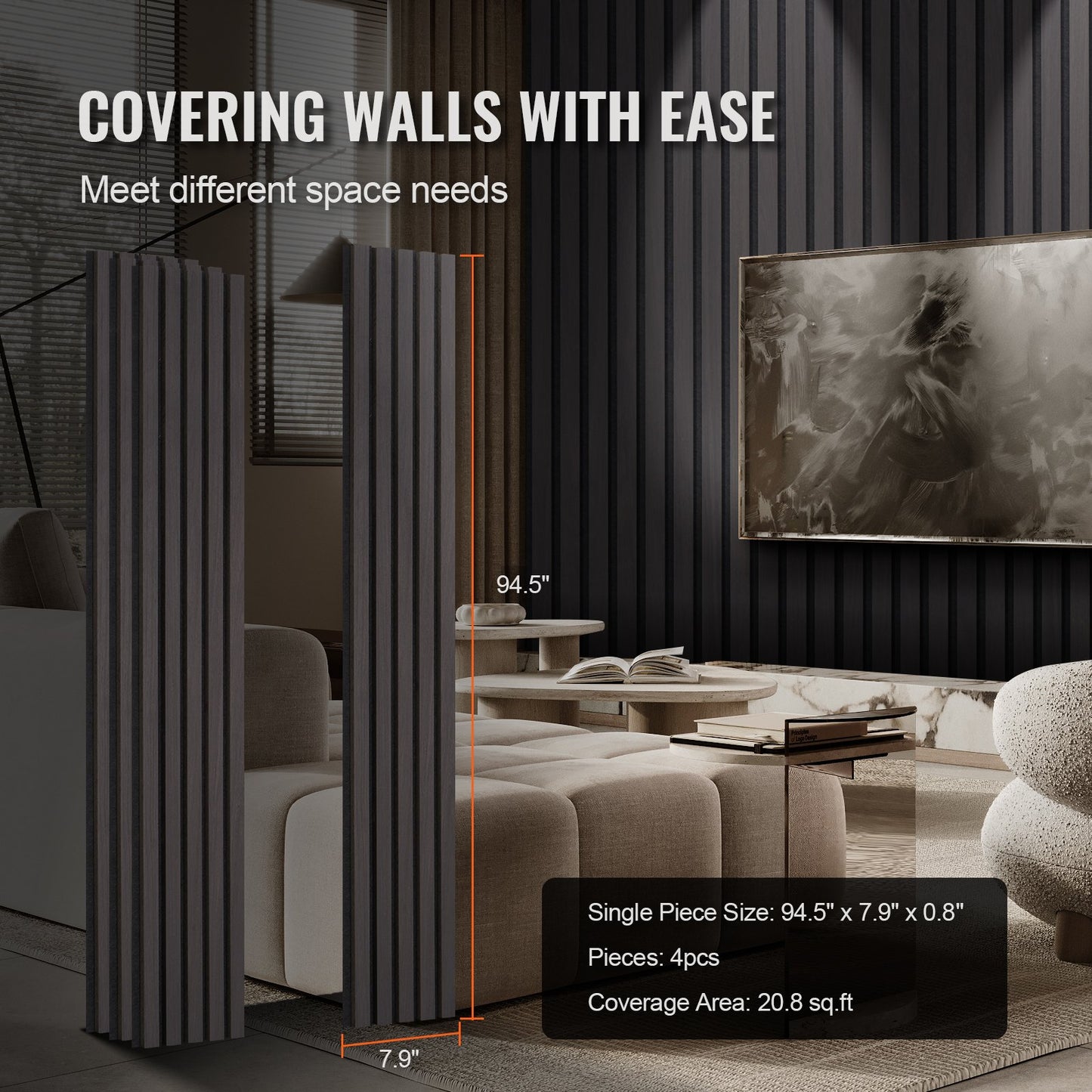 Akustikpaneele aus Holzlamellen, 7,9 x 94,5 Zoll, MDF-Akzent-Wandpaneele in Holzoptik für moderne Inneneinrichtung, Wandpaneele in Holzoptik zur Schalldämmung, Schwarze Eiche