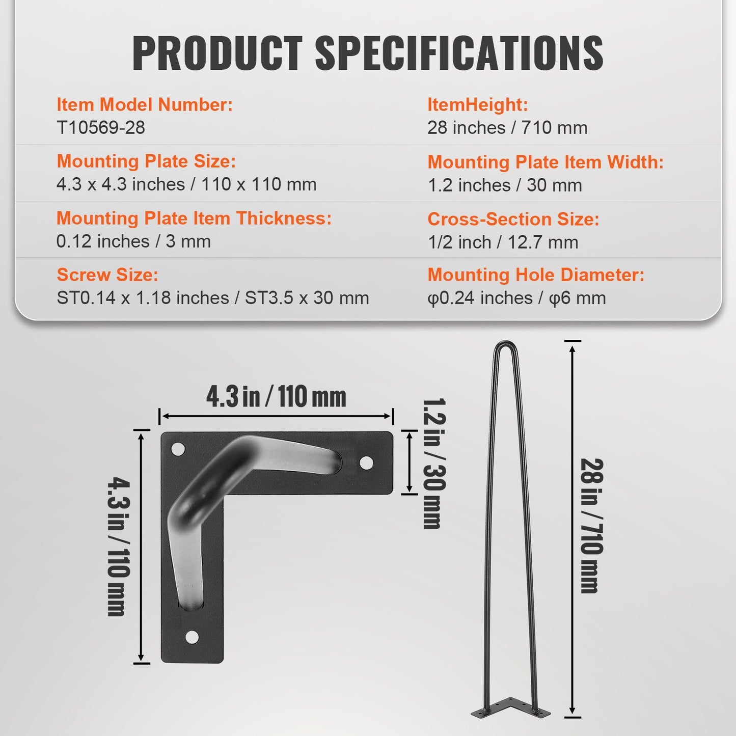711,2 mm Haarnadel-Möbelbeine, Metall, ideal für Heimwerkerprojekte wie Nachttische, Couchtische und Schreibtische, Tragkraft 226,8 kg, inklusive Gummifüßen, robuste und moderne Tischbeine aus Metall, 4 Stück