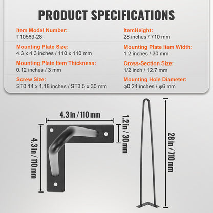 711,2 mm Haarnadel-Möbelbeine, Metall, ideal für Heimwerkerprojekte wie Nachttische, Couchtische und Schreibtische, Tragkraft 226,8 kg, inklusive Gummifüßen, robuste und moderne Tischbeine aus Metall, 4 Stück