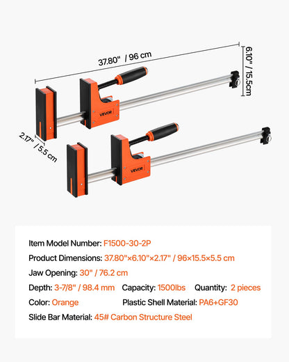 Schraubzwingen für die Holzbearbeitung, 2er-Pack, 76,2 cm Parallelzwingen-Set, F-Zwinge mit 680 kg Tragkraft, gleichmäßiger Druck, hochfester Kunststoff und Kohlenstoffstahl, für Holz- und Metallbearbeitung, Orange