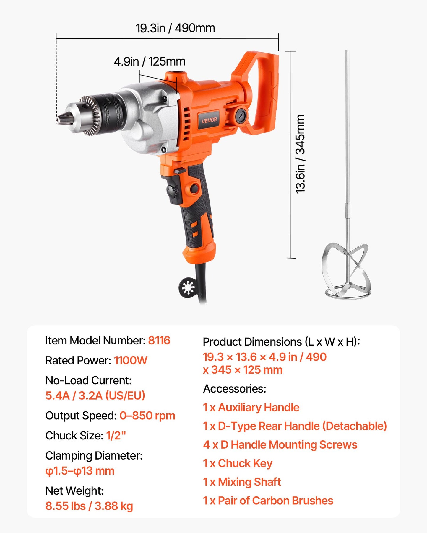 Drill Mixer, 12.7mm Corded Electric Drill Mixer Set, 0-850RPM 3.2A Mixing Drills, Mixing Drills Machine with D-Handle for Drilling & Blending, Handheld Cement Mixers for Fodder, Paint, Cement