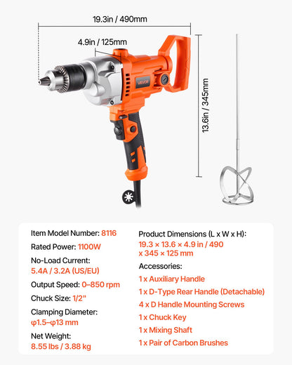 Drill Mixer, 12.7mm Corded Electric Drill Mixer Set, 0-850RPM 3.2A Mixing Drills, Mixing Drills Machine with D-Handle for Drilling & Blending, Handheld Cement Mixers for Fodder, Paint, Cement