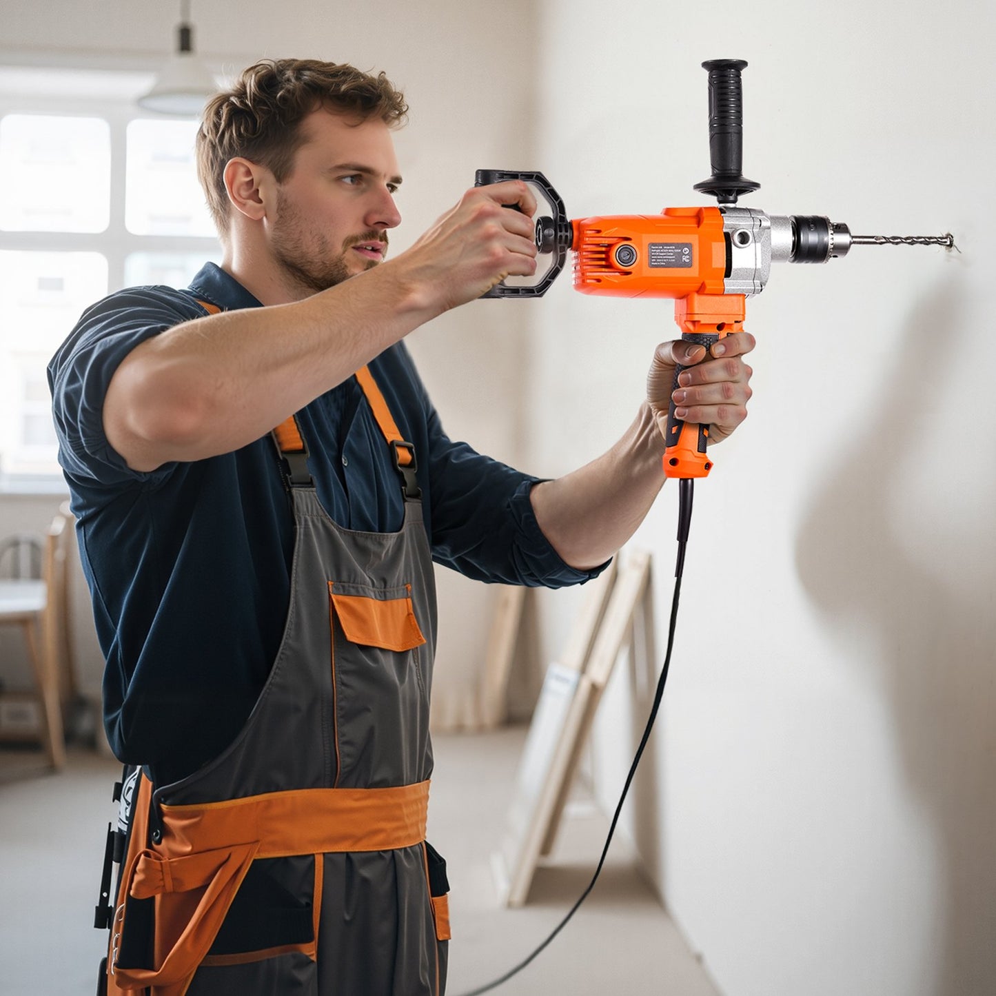 Drill Mixer, 15.89mm Corded Electric Drill Mixer Set, 0-750RPM 3A Mixing Drills, Mixing Drills Machine with D-Handle for Drilling & Blending, Handheld Cement Mixers for Fodder, Paint, Cement