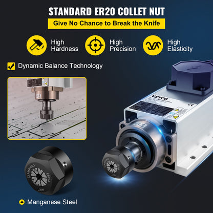 Air Cooled Spindle Motor 2.2KW CNC Spindle Motor 220V Square Air Cooled Spindle Motor ER20 Collet 24000 RPM CNC Spindle 6A Spindle Motor 400 Hz for CNC Router Engraving Milling Machine