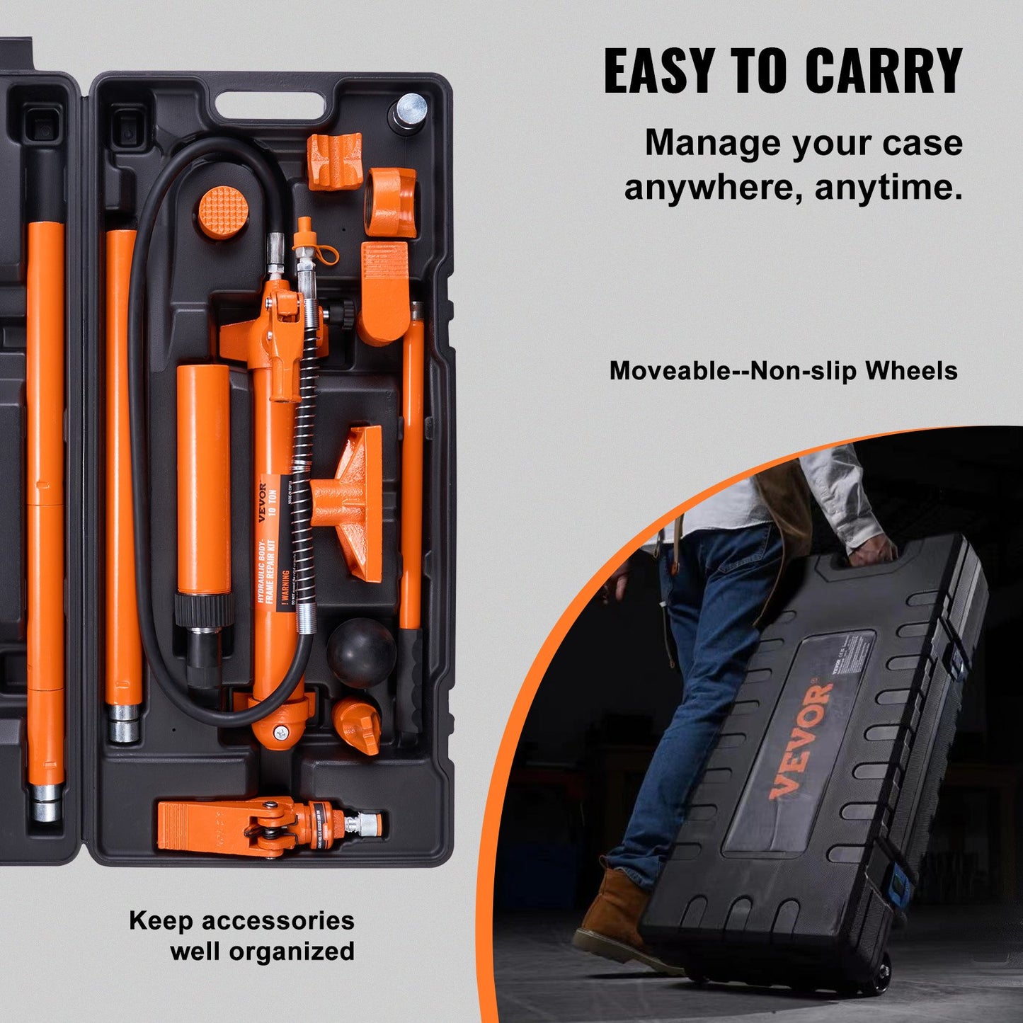 10-Tonnen-Porta-Power-Kit, Hydraulikzylinder mit Pumpe, Wagenheber mit 1,4 m Ölschlauch, Werkzeug zur Reparatur verbogener Rahmen mit Aufbewahrungskoffer für Kfz, Werkstatt, Baumaschinen, Mechaniker (22046 lbs)