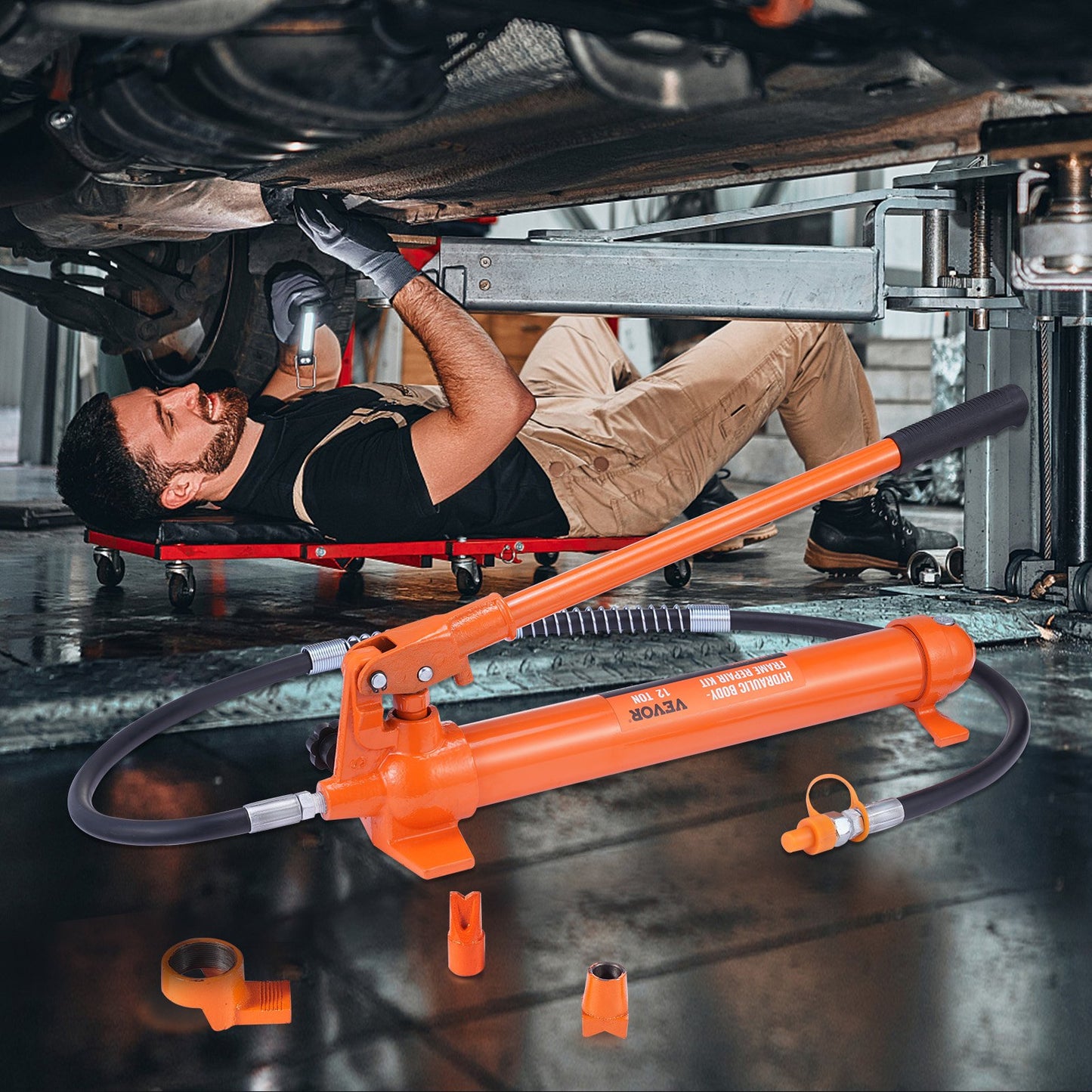 12 Ton Porta Power Kit, Hydraulic Ram with Pump with 4.6 ft/1.4 m Oil Hose, Portable Hydraulic Jack with Storage Case for Automotive, Garage, Farm, Mechanic (26455 LBS)