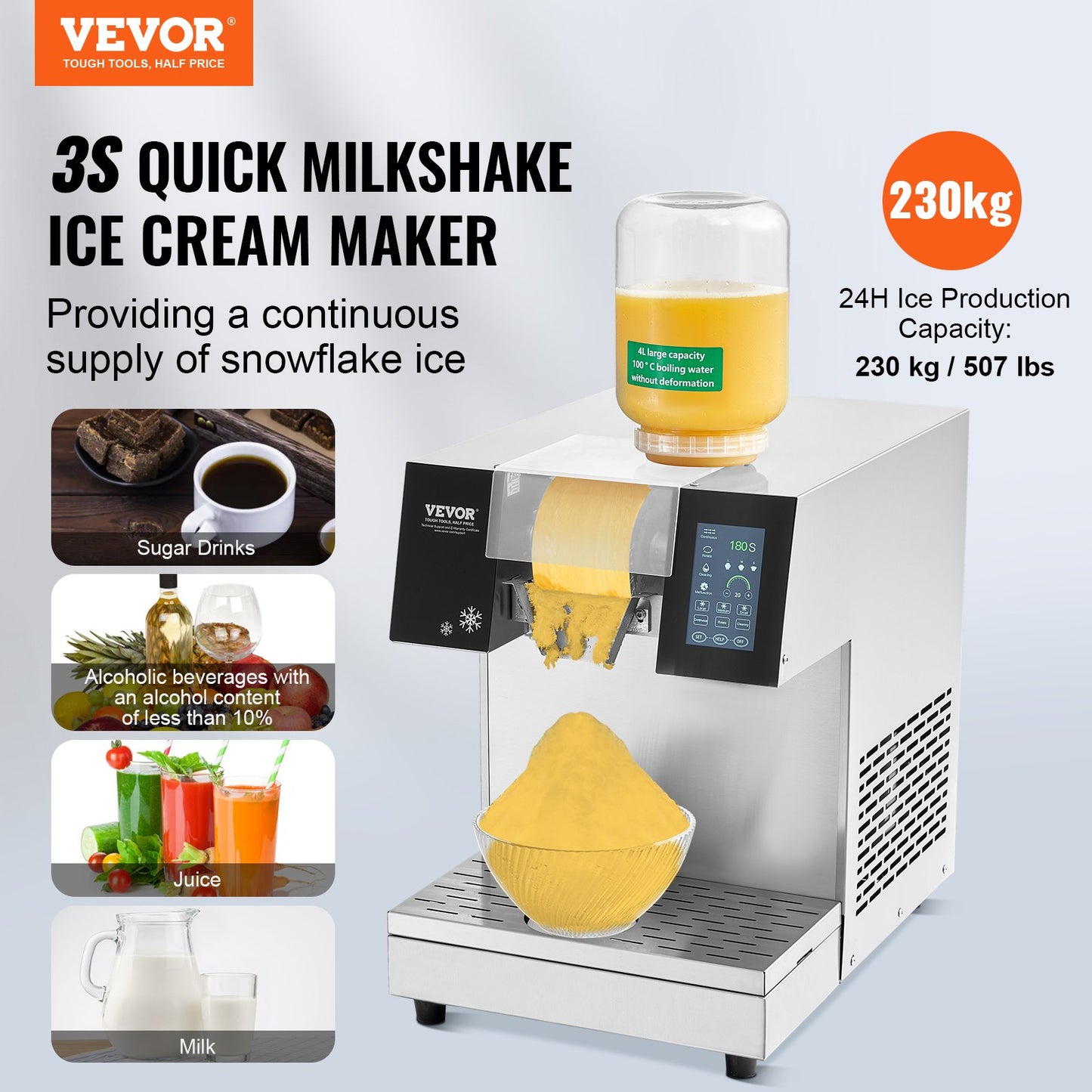 Gewerbliche Schneeflocken-Eismaschine, 230 kg/24 h, Eismaschine mit Edelstahl-Eisraspel, elektrische Schneekegelmaschine, Luftkühlsystem für schnelle Wärmeableitung, für Bäckereien und Cafés