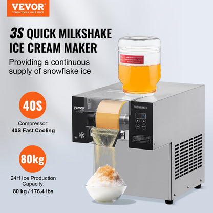 Commercial Snowflake Ice Machine, 176.4LBS/24H Snowflake Ice Maker, Stainless Steel Ice Shaver Machine, Electric Snow Cone Maker, Air Cooling System for Rapid Heat Dissipation, for Bakery, Cafe