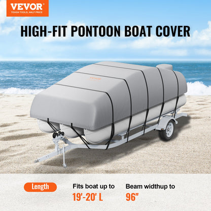 Pontoon Boat Cover, 19'-20' Waterproof Trailerable Pontoon Cover, 800D Marine Grade PU Oxford Fabric, with Motor Cover, 16 Windproof Buckle Straps, Fits for 19'-20'L, Beam Width to 96", Grey
