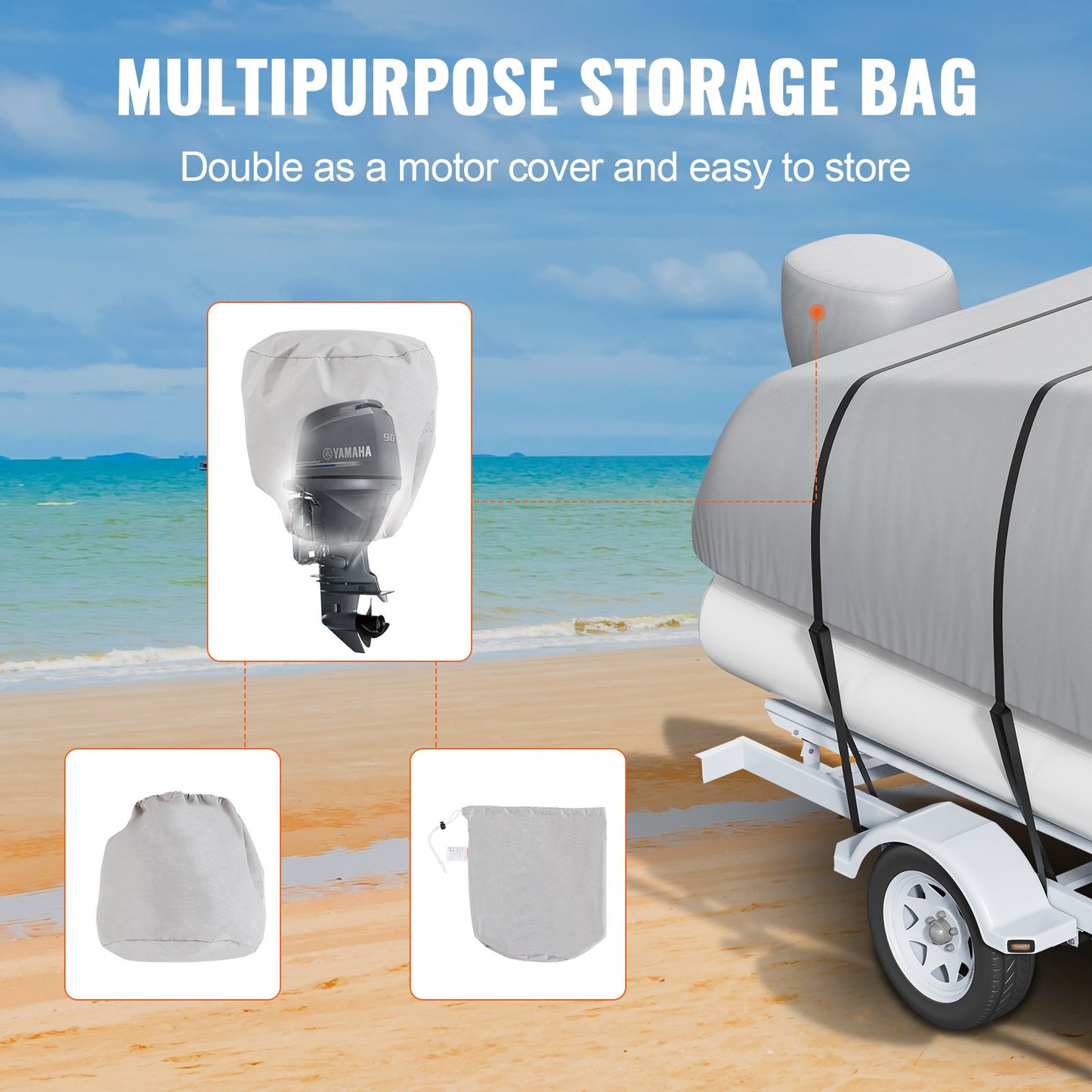 Pontoon Boat Cover, 19'-20' Waterproof Trailerable Pontoon Cover, 800D Marine Grade PU Oxford Fabric, with Motor Cover, 16 Windproof Buckle Straps, Fits for 19'-20'L, Beam Width to 96", Grey