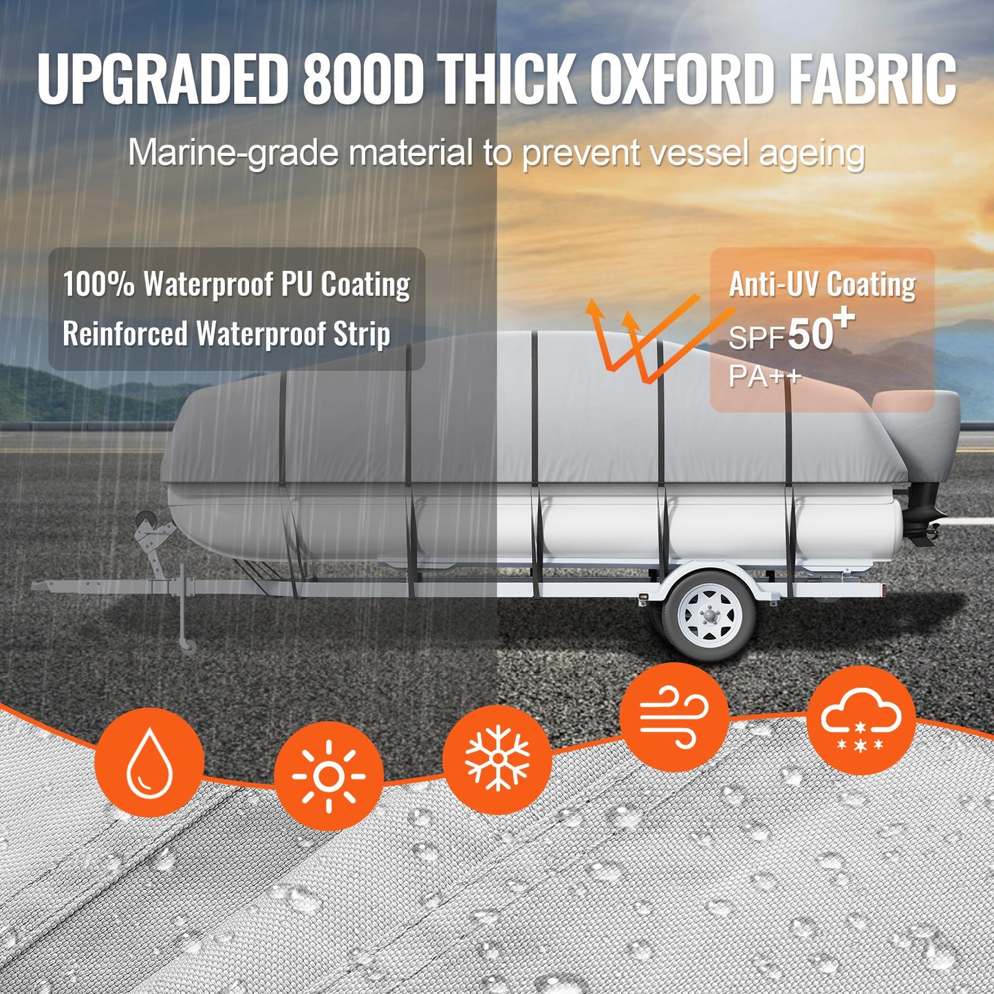 Pontoon Boat Cover, 23'-24' Waterproof Trailerable Pontoon Cover, 800D Marine Grade PU Oxford Fabric, with Motor Cover, 16 Windproof Buckle Straps, Fits for 23'-24'L, Beam Width to 102", Grey
