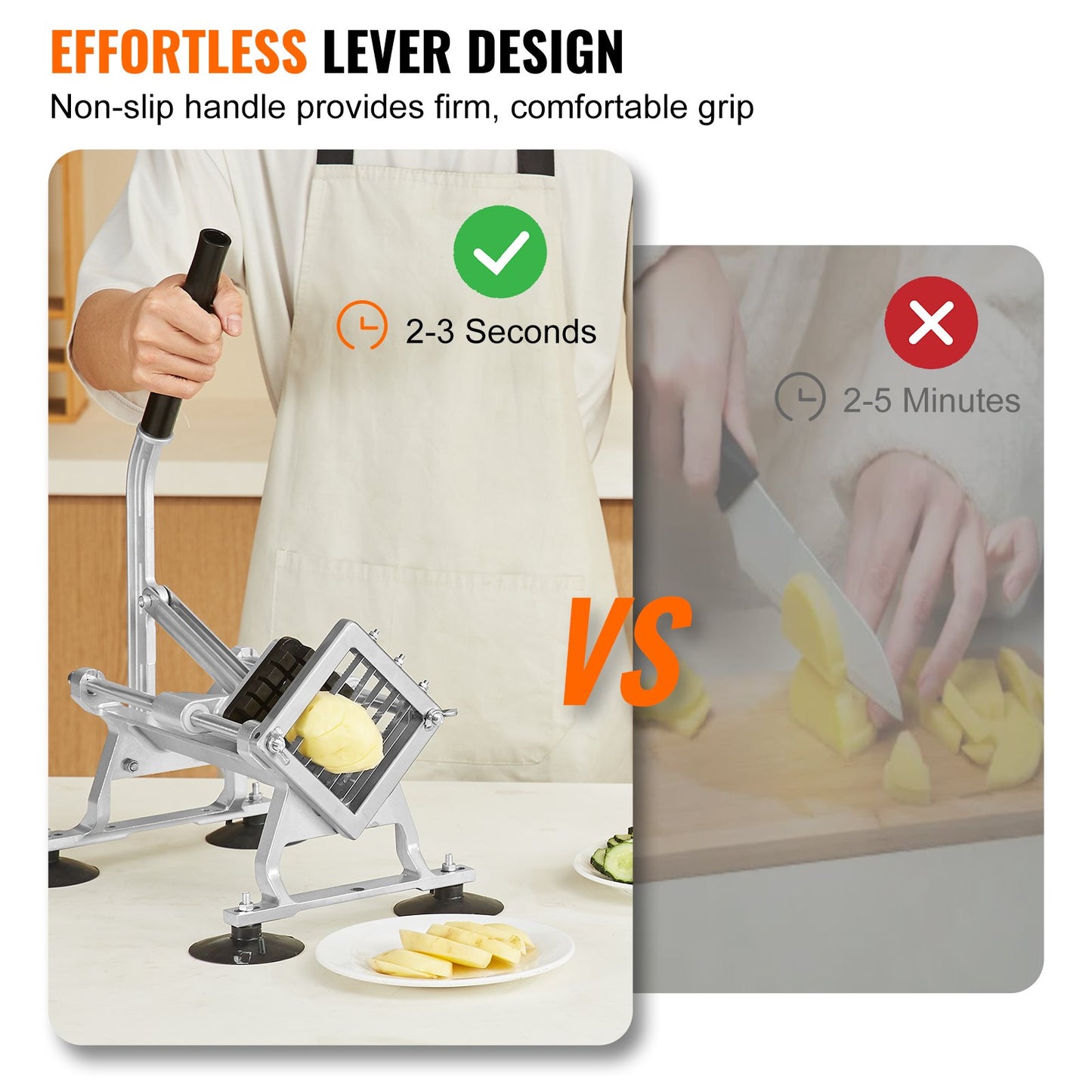 Gewerblicher Gemüseschneider, 1/4" + 3/8" + 1/2" Obstschneider, Gemüseschneidemaschine aus Edelstahl und Aluminiumlegierung, manueller Schneider mit rutschfesten Füßen, für Radieschen, Zwiebeln, Kartoffeln