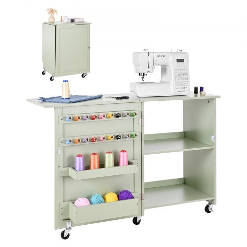 Zusammenklappbarer Nähtisch, vielseitiger Nähmaschinentisch mit kompaktem Design, Rollen, Holzstiften, Ablagefächern und Regal, Magnetverschluss, Bastelstation und Beistelltisch für Zuhause, Hellgrün