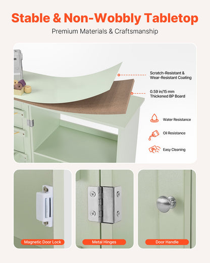 Zusammenklappbarer Nähtisch, vielseitiger Nähmaschinentisch mit kompaktem Design, Rollen, Holzstiften, Ablagefächern und Regal, Magnetverschluss, Bastelstation und Beistelltisch für Zuhause, Hellgrün