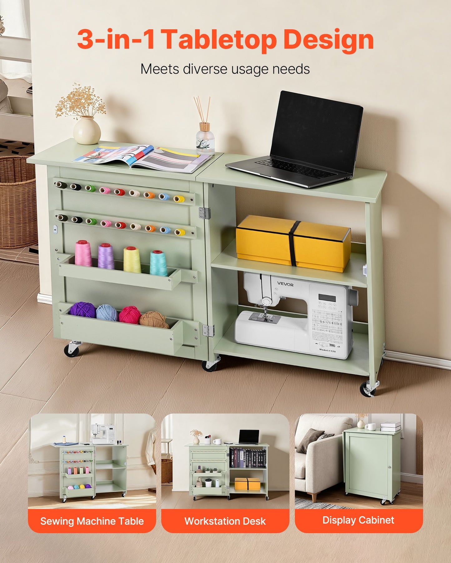 Zusammenklappbarer Nähtisch, vielseitiger Nähmaschinentisch mit kompaktem Design, Rollen, Holzstiften, Ablagefächern und Regal, Magnetverschluss, Bastelstation und Beistelltisch für Zuhause, Hellgrün