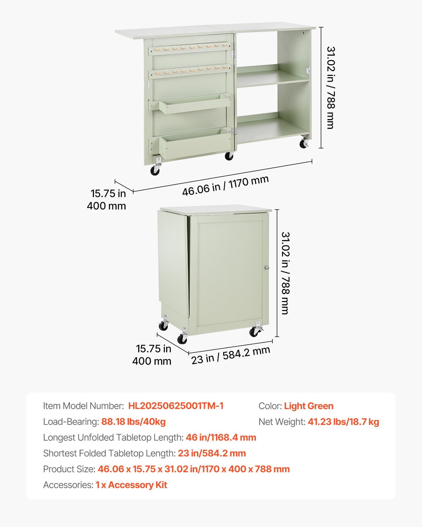 Zusammenklappbarer Nähtisch, vielseitiger Nähmaschinentisch mit kompaktem Design, Rollen, Holzstiften, Ablagefächern und Regal, Magnetverschluss, Bastelstation und Beistelltisch für Zuhause, Hellgrün
