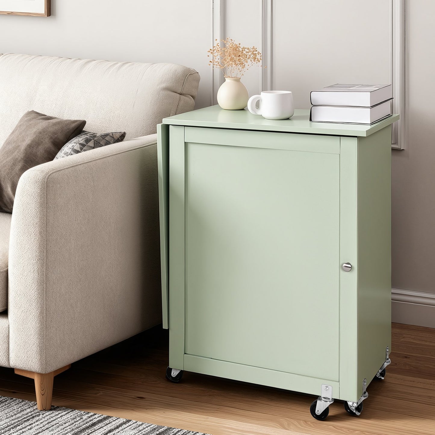 Zusammenklappbarer Nähtisch, vielseitiger Nähmaschinentisch mit kompaktem Design, Rollen, Holzstiften, Ablagefächern und Regal, Magnetverschluss, Bastelstation und Beistelltisch für Zuhause, Hellgrün