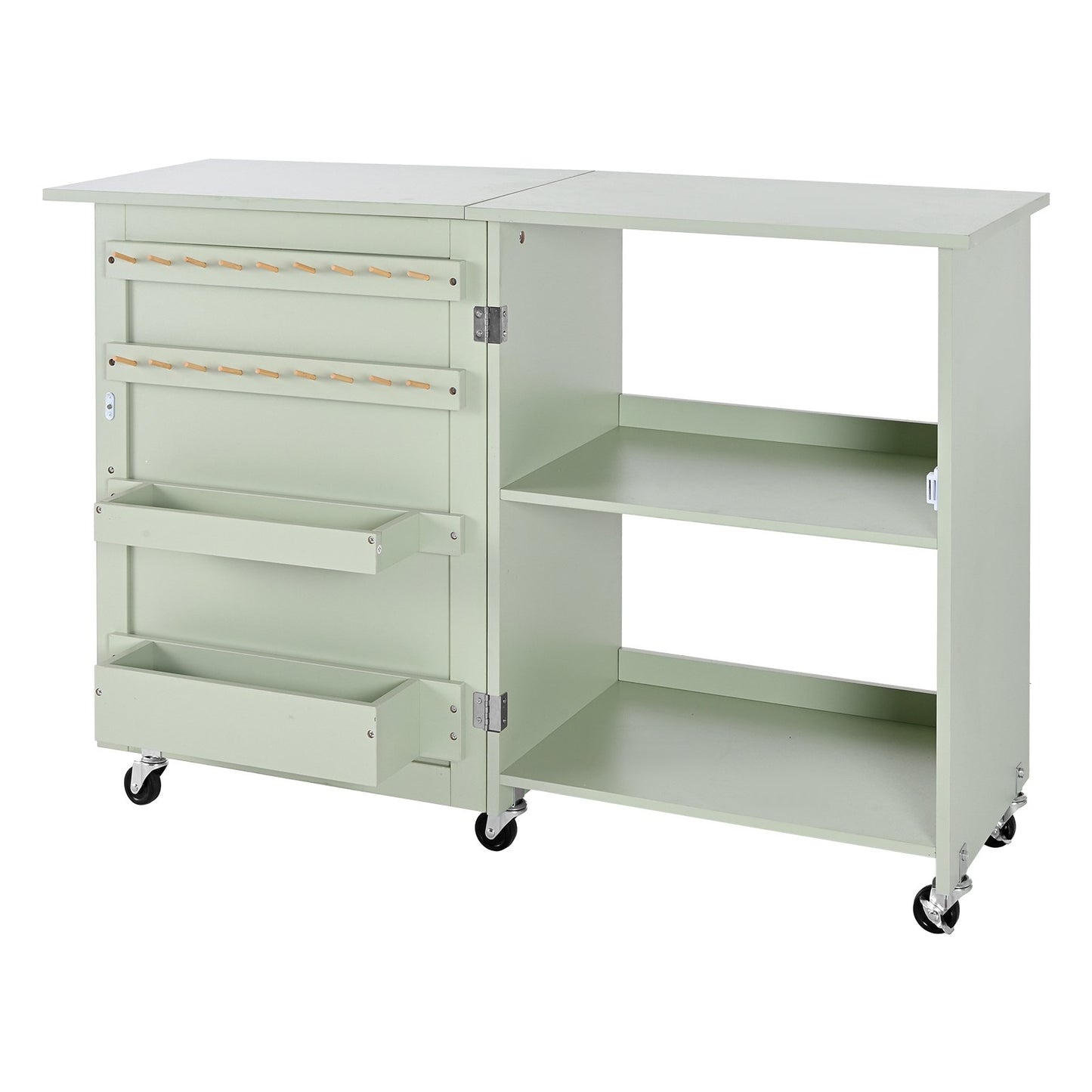 Zusammenklappbarer Nähtisch, vielseitiger Nähmaschinentisch mit kompaktem Design, Rollen, Holzstiften, Ablagefächern und Regal, Magnetverschluss, Bastelstation und Beistelltisch für Zuhause, Hellgrün