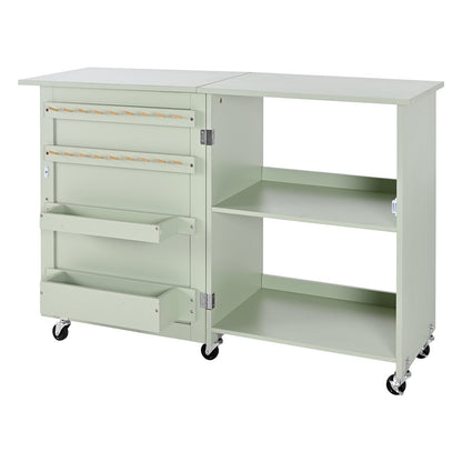 Zusammenklappbarer Nähtisch, vielseitiger Nähmaschinentisch mit kompaktem Design, Rollen, Holzstiften, Ablagefächern und Regal, Magnetverschluss, Bastelstation und Beistelltisch für Zuhause, Hellgrün
