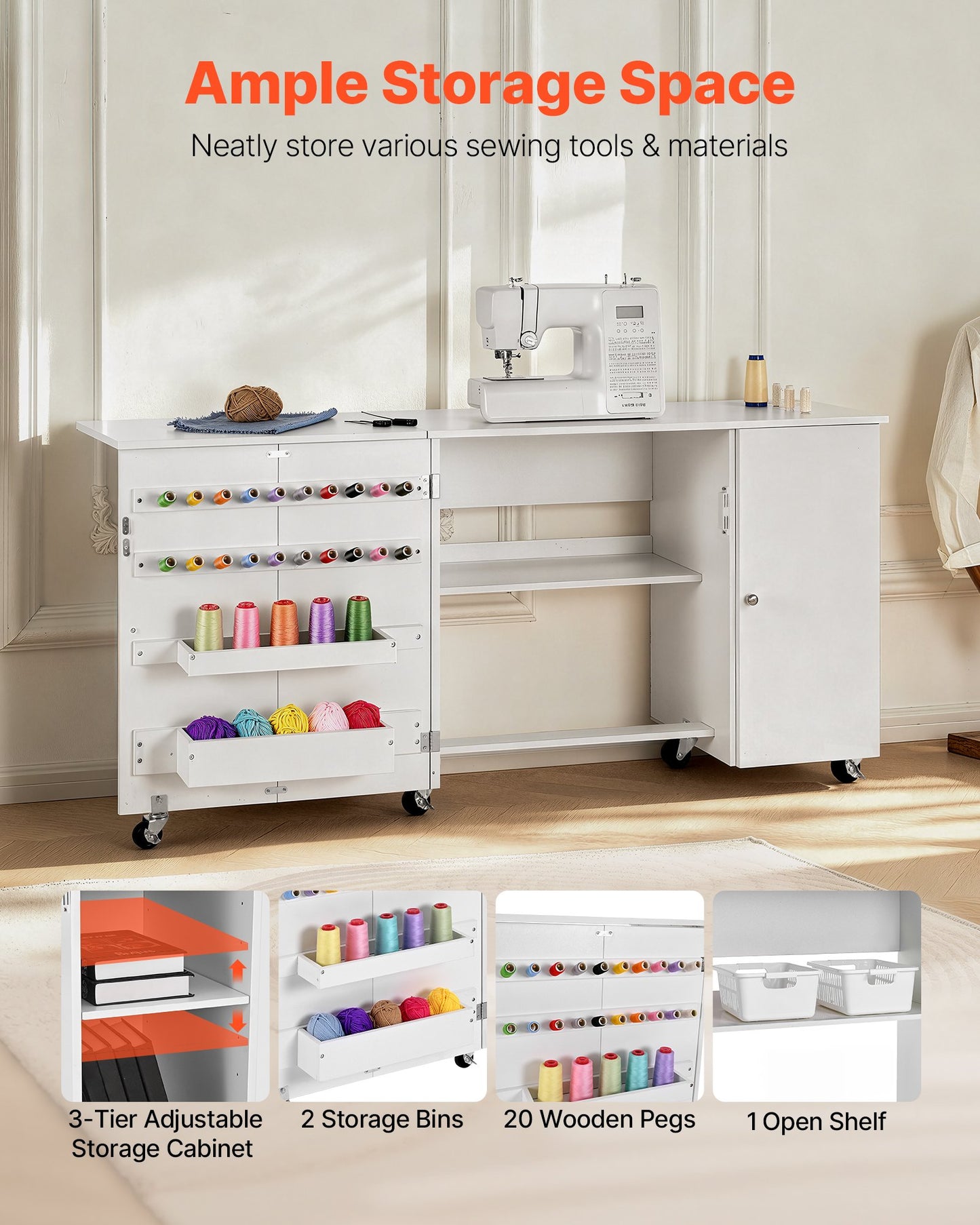 Klappbarer Nähtisch, vielseitiger Nähmaschinentisch mit Schrank, kompaktes Design, Rollen, Holzstifte, Ablagefächer und Regal, Magnettür, Bastelstation und Beistelltisch für Zuhause, Weiß