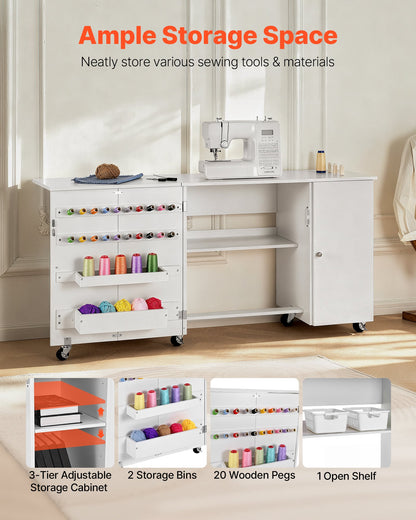 Klappbarer Nähtisch, vielseitiger Nähmaschinentisch mit Schrank, kompaktes Design, Rollen, Holzstifte, Ablagefächer und Regal, Magnettür, Bastelstation und Beistelltisch für Zuhause, Weiß