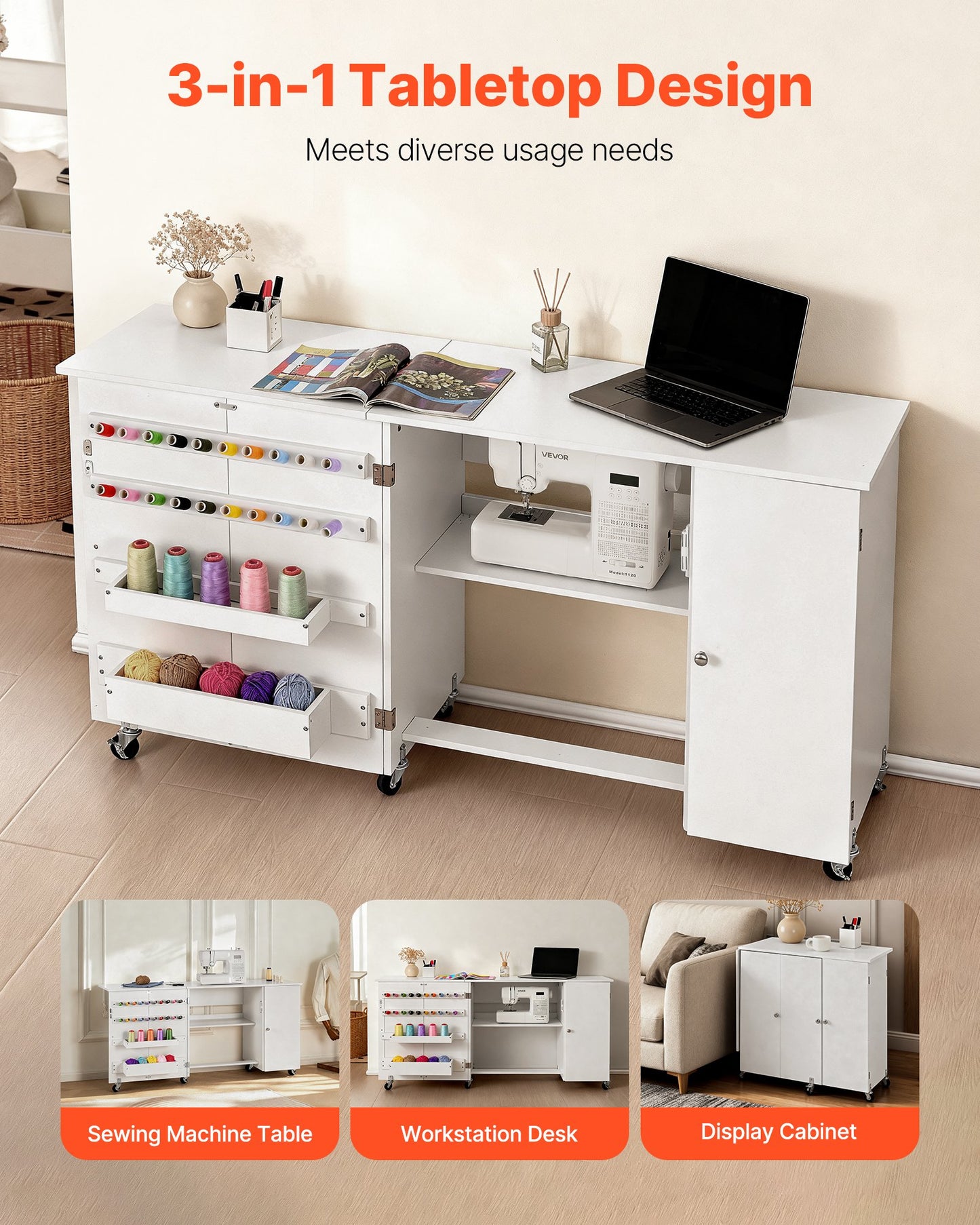 Klappbarer Nähtisch, vielseitiger Nähmaschinentisch mit Schrank, kompaktes Design, Rollen, Holzstifte, Ablagefächer und Regal, Magnettür, Bastelstation und Beistelltisch für Zuhause, Weiß