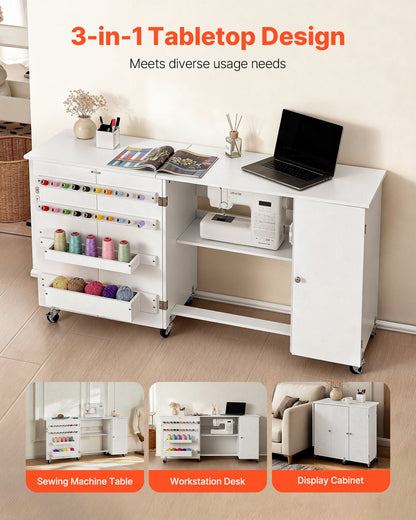 Klappbarer Nähtisch, vielseitiger Nähmaschinentisch mit Schrank, kompaktes Design, Rollen, Holzstifte, Ablagefächer und Regal, Magnettür, Bastelstation und Beistelltisch für Zuhause, Weiß