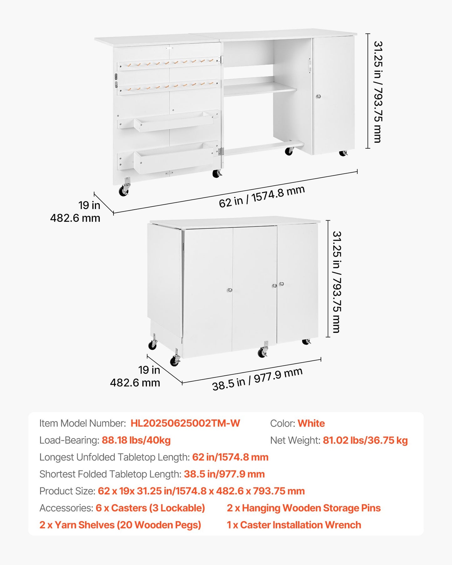 Klappbarer Nähtisch, vielseitiger Nähmaschinentisch mit Schrank, kompaktes Design, Rollen, Holzstifte, Ablagefächer und Regal, Magnettür, Bastelstation und Beistelltisch für Zuhause, Weiß