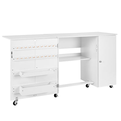 Klappbarer Nähtisch, vielseitiger Nähmaschinentisch mit Schrank, kompaktes Design, Rollen, Holzstifte, Ablagefächer und Regal, Magnettür, Bastelstation und Beistelltisch für Zuhause, Weiß