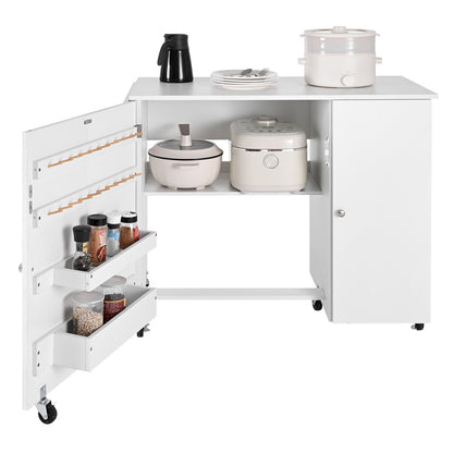 Klappbarer Nähtisch, vielseitiger Nähmaschinentisch mit Schrank, kompaktes Design, Rollen, Holzstifte, Ablagefächer und Regal, Magnettür, Bastelstation und Beistelltisch für Zuhause, Weiß