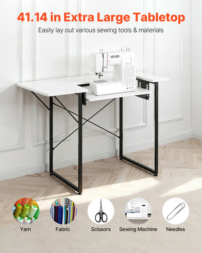 Sewing Table, Multipurpose Sewing Machine Table with Foldable Side Shelf, Adjustable Shelf, Steel Legs, Computer Desk for Home, Fashion Studio, Art Studio, Educational Institution, White