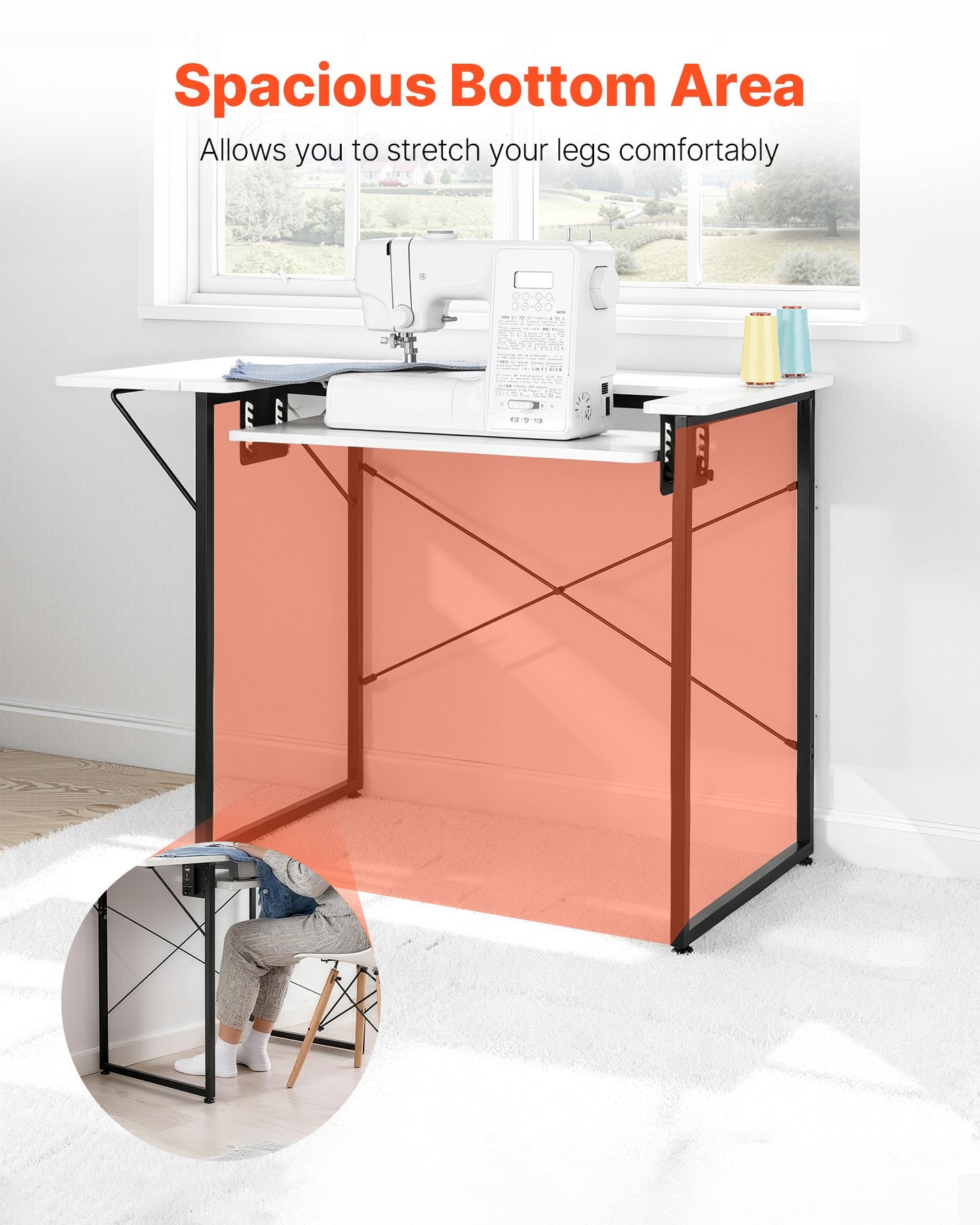 Sewing Table, Multipurpose Sewing Machine Table with Foldable Side Shelf, Adjustable Shelf, Steel Legs, Computer Desk for Home, Fashion Studio, Art Studio, Educational Institution, White