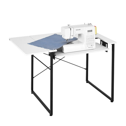 Sewing Table, Multipurpose Sewing Machine Table with Foldable Side Shelf, Adjustable Shelf, Steel Legs, Computer Desk for Home, Fashion Studio, Art Studio, Educational Institution, White
