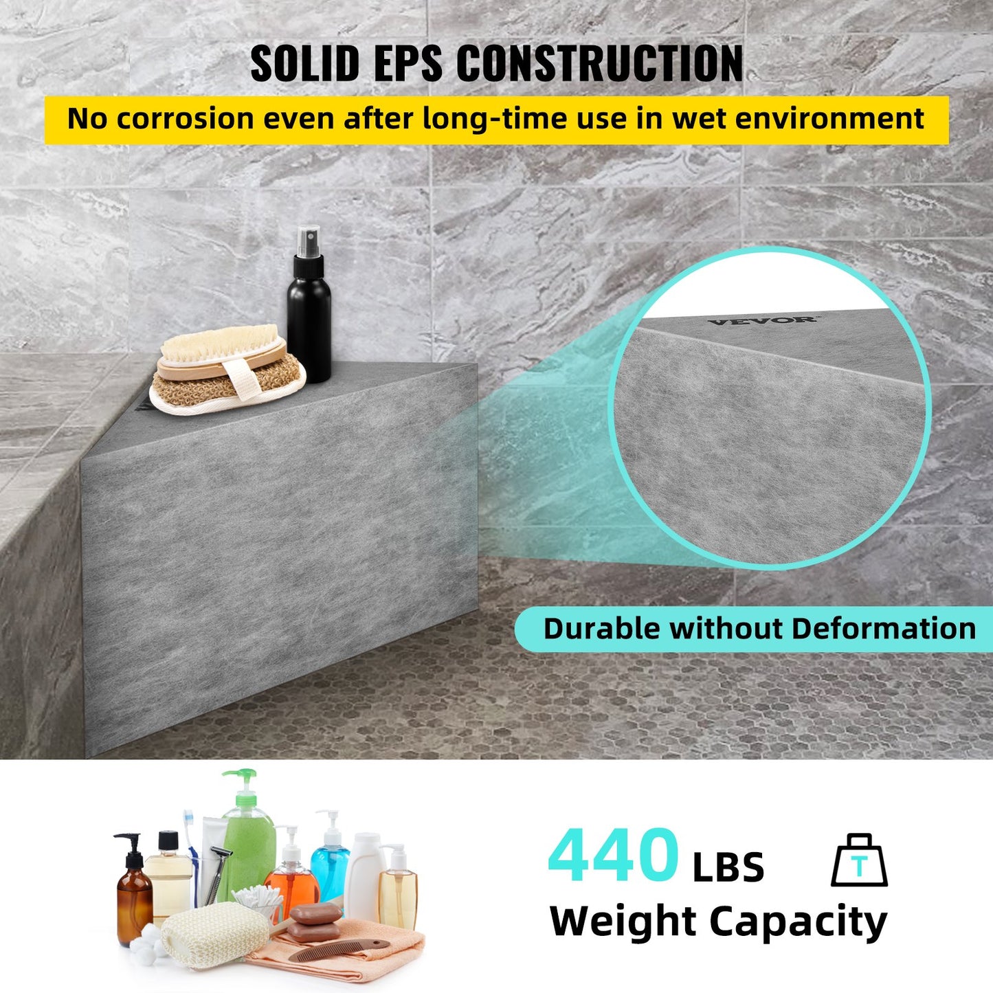 Fliesen-Duschsitz, 57 x 41 x 51 cm, fliesenfertig, werkseitig wasserdicht und 100 % auslaufsicher, fliesbare Eckduschbank, 200 kg Tragfähigkeit, dreieckige Duschbank