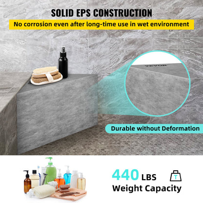 Fliesen-Duschsitz, 57 x 41 x 51 cm, fliesenfertig, werkseitig wasserdicht und 100 % auslaufsicher, fliesbare Eckduschbank, 200 kg Tragfähigkeit, dreieckige Duschbank