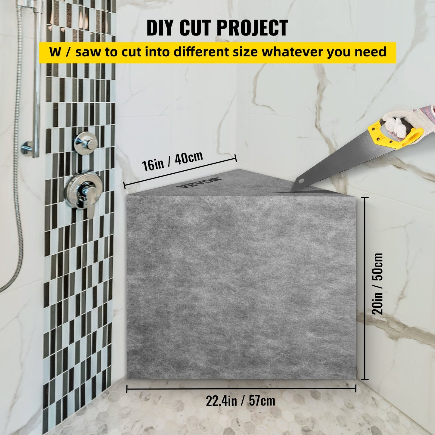 Fliesen-Duschsitz, 57 x 41 x 51 cm, fliesenfertig, werkseitig wasserdicht und 100 % auslaufsicher, fliesbare Eckduschbank, 200 kg Tragfähigkeit, dreieckige Duschbank