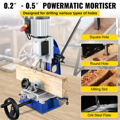Woodworking Mortise Machine, 373 W(1/2 HP) 1400RPM Powermatic Mortiser, With Movable Work Bench Benchtop Mortising Machine, For Making Round Holes Square Holes Or Special Square Holes In Wood