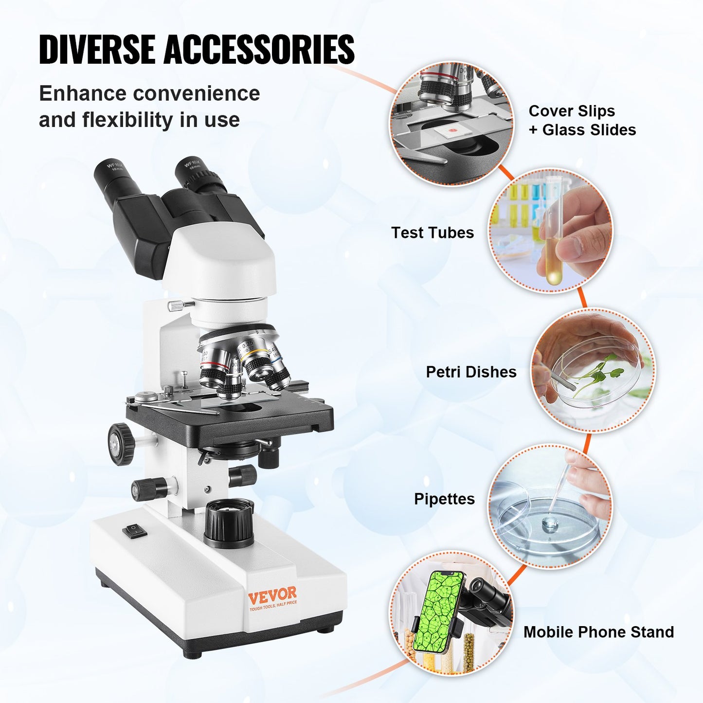 Binocular Compound Microscope, 40X-2500X Magnification, Binocular Compound Lab Microscope with LED Illumination, Two-Layer Mechanical Stage, Includes Phone Holder & Microscope Slides